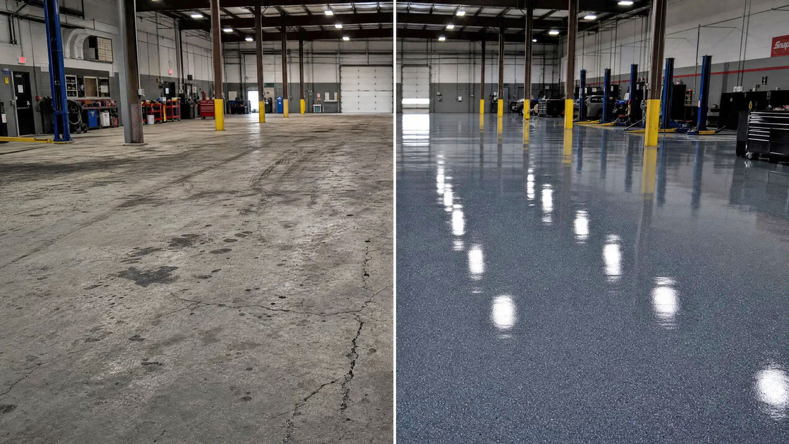 Commercial floor coating before and after — auto shop in Buffalo & Clarence, NY